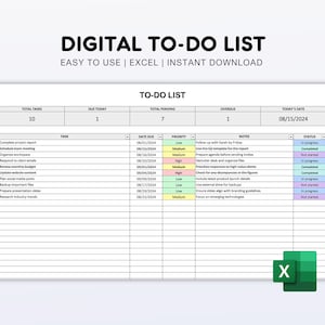 May include: A digital to-do list template in Excel format. The template includes columns for task, date due, priority, notes, and status. The template is designed to help users organize and track their tasks.
