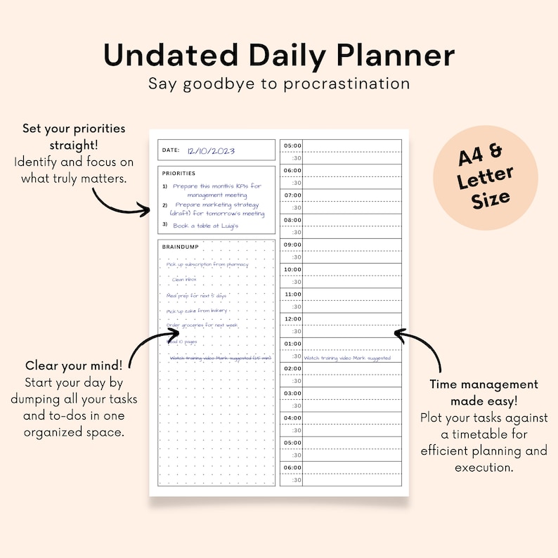 Visual representation of a digital daily planner showcasing timeboxing features, emphasizing organized sections for tasks and schedules available for instant download.