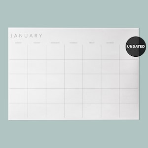 Planificador mensual sin fecha, imprimible, en blanco, PDF, minimalista, lunes y domingo, inicio, carta, libro mayor, A4, A3, descarga instantánea.