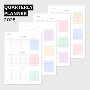 Calendario trimestral 2025, 3 meses por página, PDF digital, imprimible, A4, A3, A3, Carta, 28 x 43 cm, 45 x 61 cm, inicio lunes y domingo.