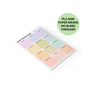 4x6 inch pastel rainbow brain dump sticky notes with checkboxes, divided sections for ideas, tasks, reminders, and notes, ADHD-friendly layout for decluttering mental clutter.