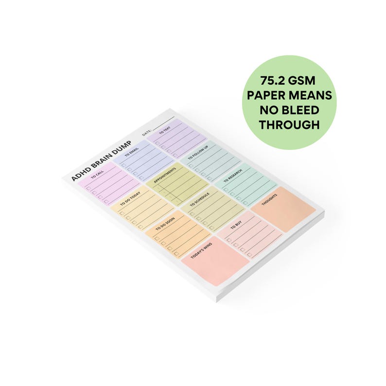 4x6 inch pastel rainbow brain dump sticky notes with checkboxes, divided sections for ideas, tasks, reminders, and notes, ADHD-friendly layout for decluttering mental clutter.