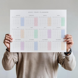 Calendario de pared 2025 horizontal para imprimir, descarga digital en formato PDF, A1 A2 18 x 24", 24 x 36", planificador anual completo, inicio en lunes y domingo, colores pastel