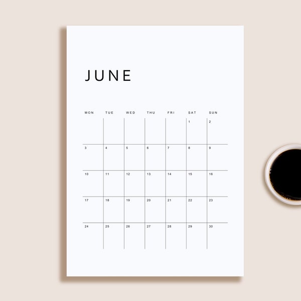 Printable Calendar 2024 Monthly Planner 2024 | Letter, 11x17, A4, A3 | Portrait | Monday & Sunday Start | Minimalist | Instant Download PDF