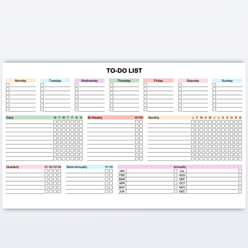 A screenshot of an Excel spreadsheet for a digital to-do list, showcasing a simple layout with colorful headers for task tracking across daily, weekly, monthly, and annual categories.