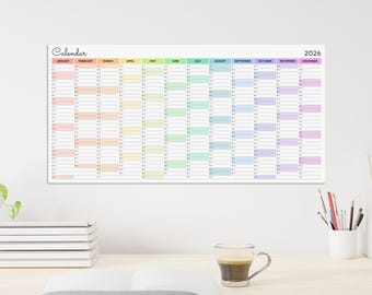 2026 Yearly Wall Calendar Rainbow Colors | Extra Wide Year Planner Poster