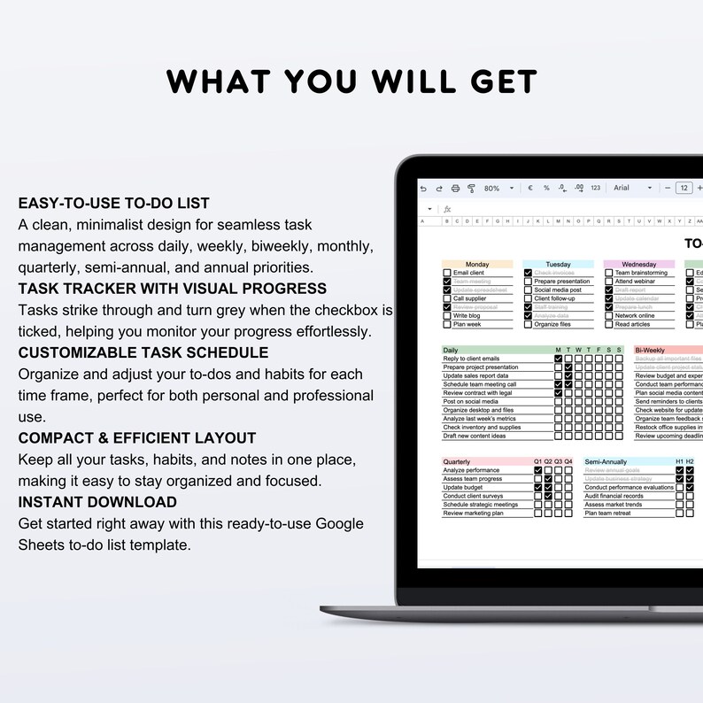 Op de afbeelding: Een laptopscherm dat een Google Sheets to-do-lijst sjabloon weergeeft. Het sjabloon is georganiseerd in dagelijkse, wekelijkse, tweewekelijkse, driemaandelijkse, halfjaarlijkse en jaarlijkse secties. Elke sectie bevat een lijst met taken met selectievakjes om ze als voltooid te markeren. Het sjabloon is ontworpen om gebruikers te helpen georganiseerd te blijven en hun doelen te bereiken.