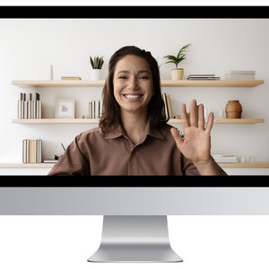 Clean, minimalist home office virtual background with plants and bookshelves, optimized for Zoom and Teams virtual meetings, downloadable in JPG format.