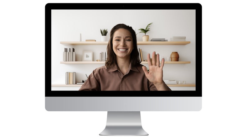 Clean, minimalist home office virtual background with plants and bookshelves, optimized for Zoom and Teams virtual meetings, downloadable in JPG format.