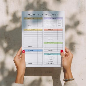 May include: A white monthly budget planner with the title "MONTHLY BUDGET" at the top. The planner is divided into sections for income, expenses, debts, savings, and bills. The planner is held by a person with red nail polish.