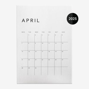 Calendario minimalista vertical 2025. Planificador mensual imprimible. Tamaño carta, 11 x 17, A4, A3. Inicio lunes y domingo. Descarga instantánea.