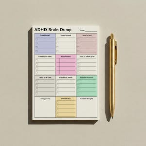 Close-up of a single page from a 4x6 ADHD planner sticky notes pad, featuring clearly separated color-coded areas for tasks, calls, appointments, and notes, displayed against a neutral background.