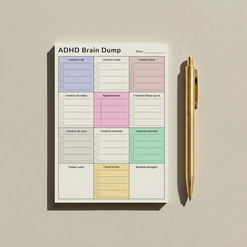 Close-up of a single page from a 4x6 ADHD planner sticky notes pad, featuring clearly separated color-coded areas for tasks, calls, appointments, and notes, displayed against a neutral background.