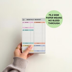 4x6 compact sticky notepad for managing finances, featuring pastel-colored income, bills, savings, and expense sections, 50 sheets stacked neatly with clean minimalist layout.