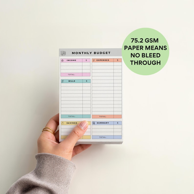 4x6 compact sticky notepad for managing finances, featuring pastel-colored income, bills, savings, and expense sections, 50 sheets stacked neatly with clean minimalist layout.