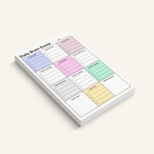 4x6 ADHD planner pad placed on a notebook, showing structured layout with shaded sections for tasks, calls, appointments, and brain dump, compact adhesive sheets for focus and productivity.
