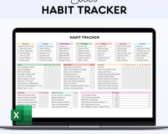 Könnte beinhalten: Eine farbige Excel-Tabelle mit einem Habit-Tracker für tägliche, zweiwöchentliche, vierteljährliche, halbjährliche und jährliche Aufgaben. Die Tabelle ist in Wochentage unterteilt und enthält eine Checkliste für jede Aufgabe. Die Tabelle ist mit "Habit Tracker" betitelt und mit "Einfach zu bedienen | Excel | Sofort-Download" beschriftet.