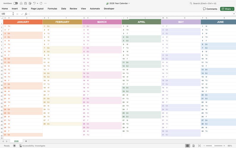 Zoomed-in view of color-coded Excel calendar template for 2026, showing date grid, event highlights, and task list columns