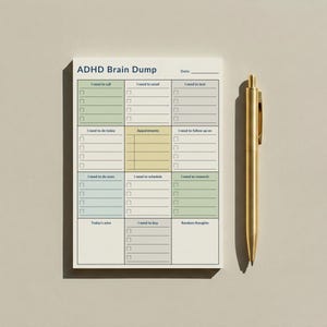 Portrait-oriented ADHD planner sticky notes pad on a neutral background, featuring undated sections for calls, tasks, appointments, and notes, with soft pastel color-coded headers for focused daily planning.