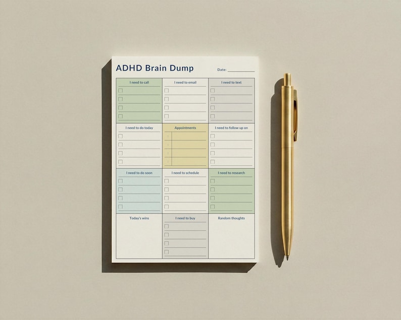 Portrait-oriented ADHD planner sticky notes pad on a neutral background, featuring undated sections for calls, tasks, appointments, and notes, with soft pastel color-coded headers for focused daily planning.