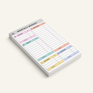 Organized pastel sticky note notepad showing categories for monthly bills, income, savings, and expenses, single-sided tear-off 4x6 sheets with hand-drawn icons on each sheet.