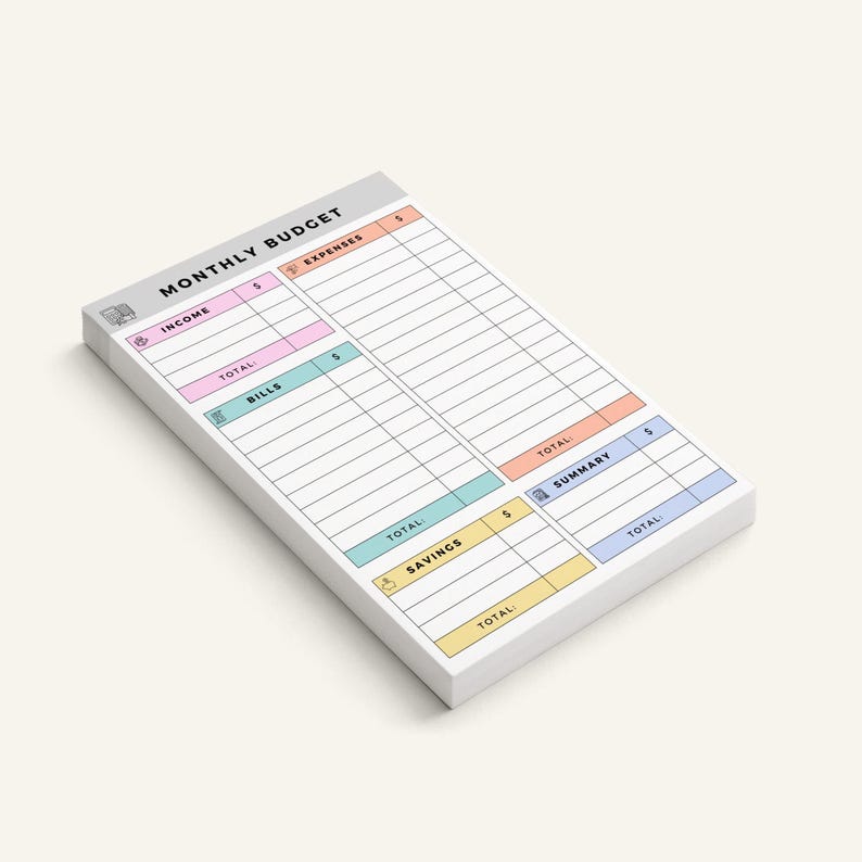 Organized pastel sticky note notepad showing categories for monthly bills, income, savings, and expenses, single-sided tear-off 4x6 sheets with hand-drawn icons on each sheet.