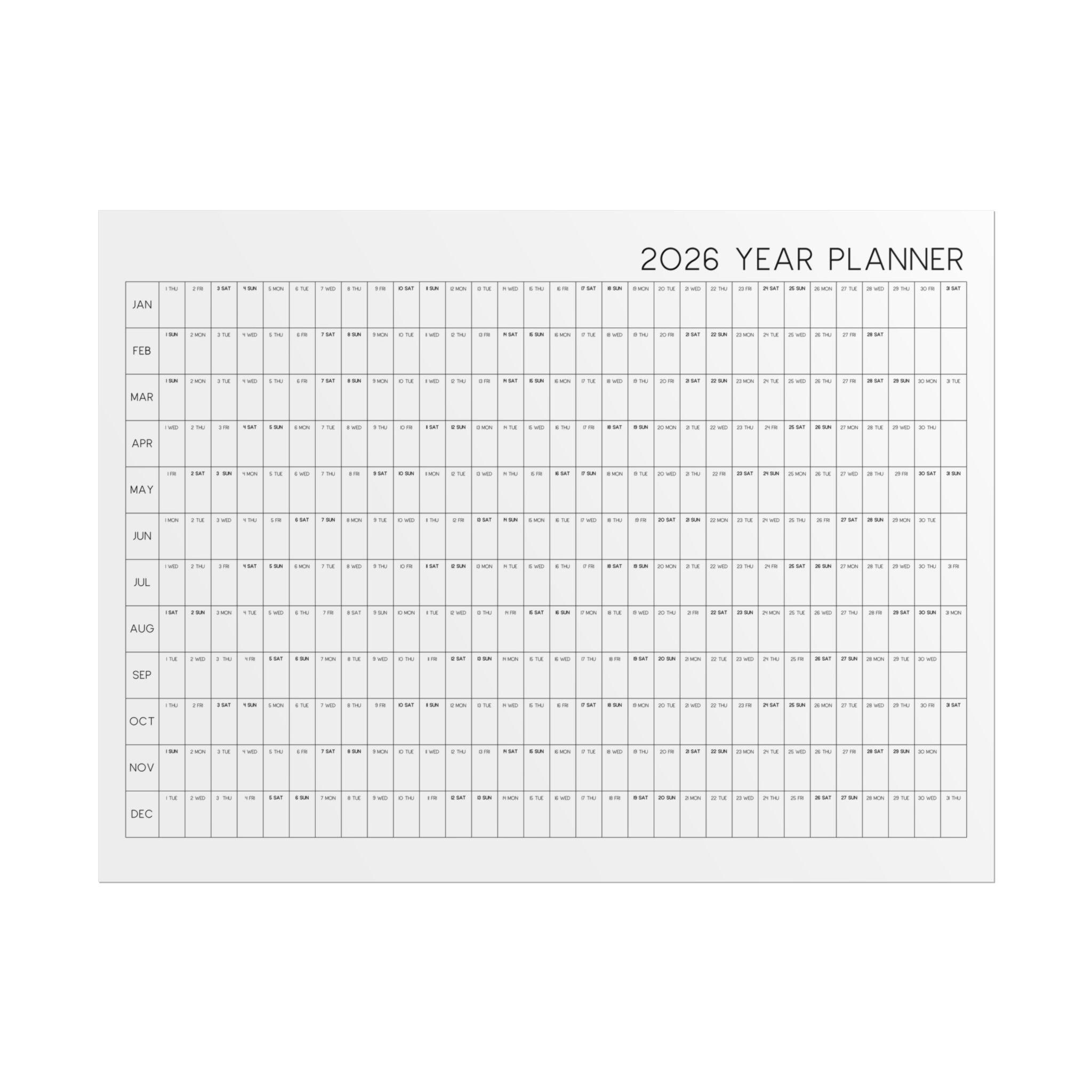 Horizontal Wall Calendar 2026 Minimalist Year at a Glance Poster - Etsy