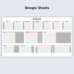 A digital to-do list with a Google Sheets theme. The list is divided into daily, weekly, bi-weekly, monthly, quarterly, semi-annually, and annually sections. Each section has a checklist with boxes to check off tasks.