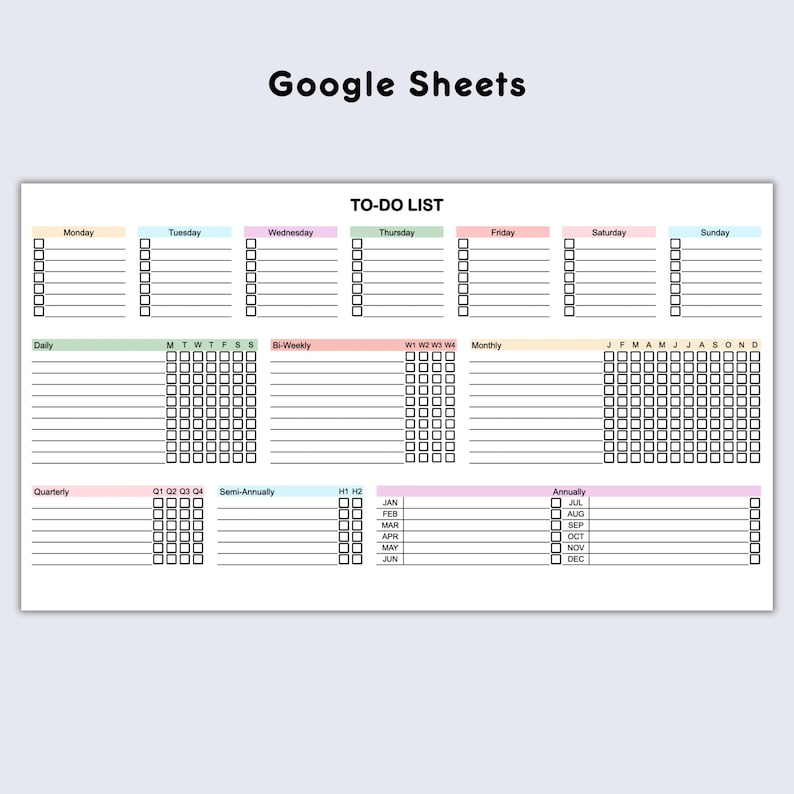 A digital to-do list with a Google Sheets theme. The list is divided into daily, weekly, bi-weekly, monthly, quarterly, semi-annually, and annually sections. Each section has a checklist with boxes to check off tasks.