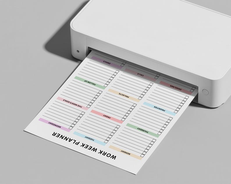 High-resolution PDF of a weekly checklist planner with vertical orientation, undated design, and clearly separated sections for tasks, deadlines, priorities, projects, calls, emails, and notes.