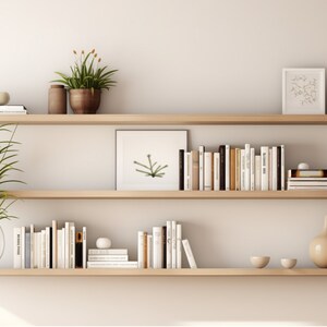 May include: Three wooden shelves with various items, including books, plants, and decorative objects. The shelves are mounted on a white wall.