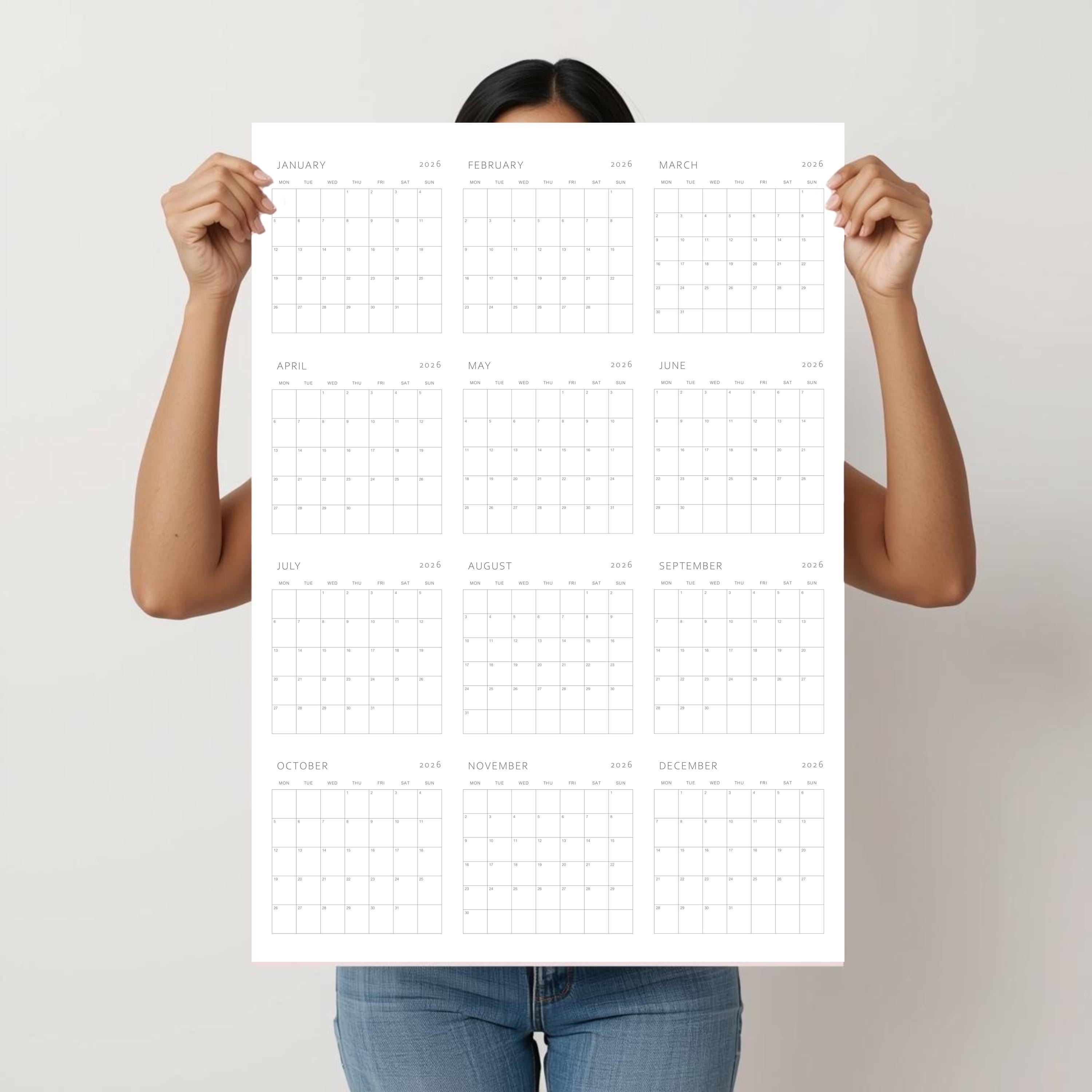 2026 Year at A Glance Calendar Poster – Minimalist Year Planner, Monday ...