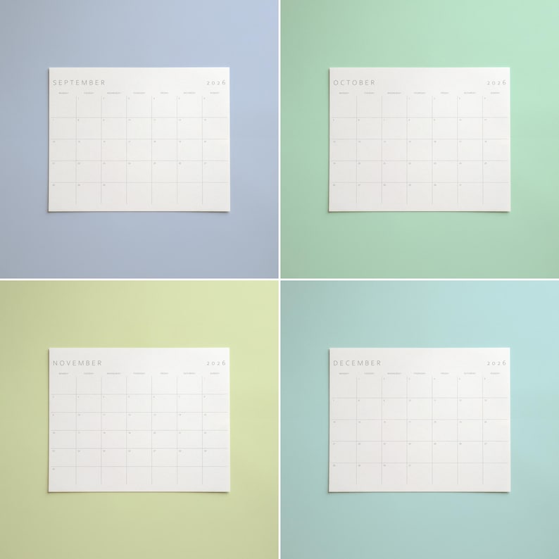 Minimalist 2026 monthly calendar printable in landscape layout with clean grid design, modern fonts, and subtle grey lines for elegant planning