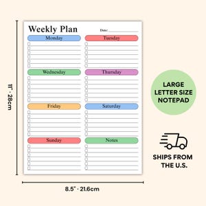 Large planner notepad with structured weekly checklist design photographed on beige desk background, featuring lined scheduling areas, pastel weekday labels and clean workspace planning layout.