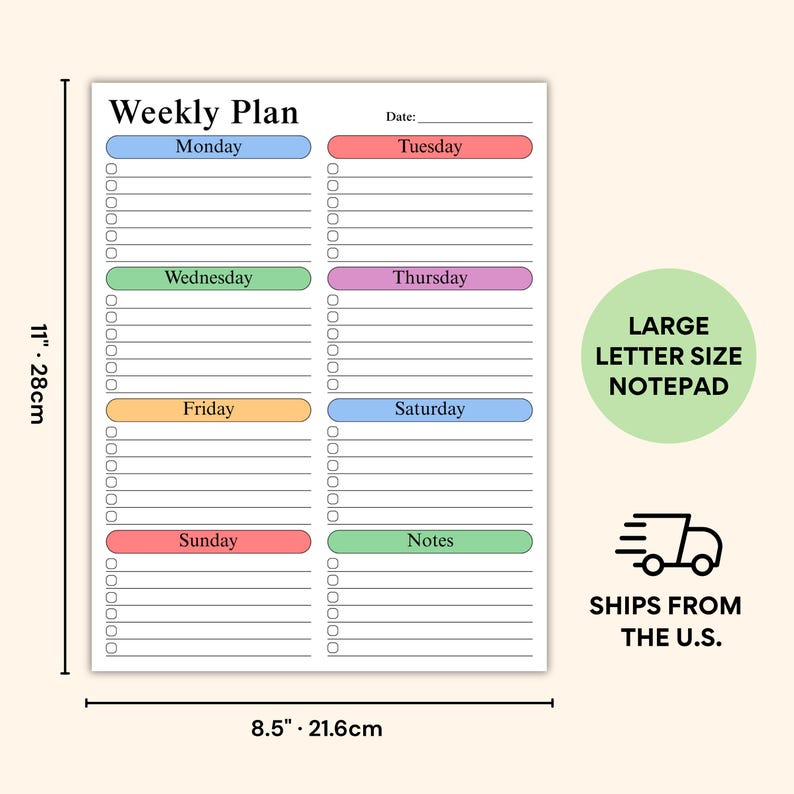 Large planner notepad with structured weekly checklist design photographed on beige desk background, featuring lined scheduling areas, pastel weekday labels and clean workspace planning layout.