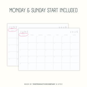 May include: Two white landscape-oriented monthly calendar pages for June 2026. The text MONDAY & SUNDAY START INCLUDED appears at the top. One calendar shows a Sunday start, the other a Monday start, both circled in pink. MADE BY THEPRODUCTIVECOMPANY @ ETSY.