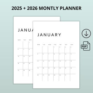 Calendario 2025-2026 / Planificador mensual minimalista en PDF / Imprimible en A4, A3, Carta (EE. UU.) y Tabloide / Inicio lunes y domingo / 1 página al mes