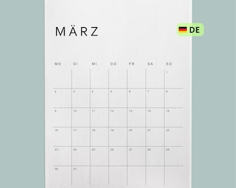 Kalender 2026 Deutsch Minimalistisch | Monatsplaner PDF A4 & A3 Druckvorlage