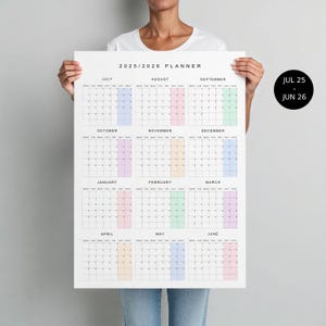 2025-2026 Akademisches Jahr Wandkalender • Mitte Jahr Planer Poster • Juli 2025 - Juni 2026 • Montag Start • Minimalistische Pastell • 18x24 oder 24x36