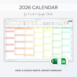 2026 Rainbow Calendar Excel & Google Sheets Planner (Digital Download)
