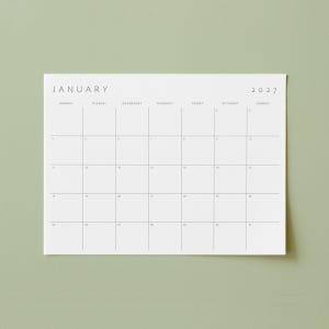 Könnte beinhalten: Ein weißes, rechteckiges Wandkalenderblatt für Januar 2027 mit einem schwarzen Raster. Der Text lautet oben January 2027, mit den Wochentagen von Montag bis Sonntag über dem Raster. Der Kalender enthält die nummerierten Daten von 1 bis 31.
