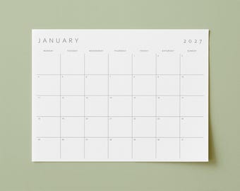 Planificador mensual imprimible 2027, calendario minimalista horizontal en PDF (descarga digital)