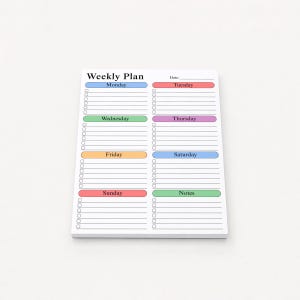 Large weekly planner desk pad with pastel checklist layout displayed on neutral beige background, featuring spacious 8.5x11 writing sections, lined task areas, notes section and minimalist weekly organization format.