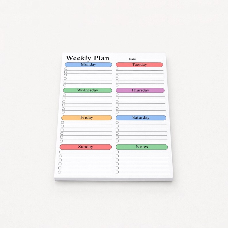 Large weekly planner desk pad with pastel checklist layout displayed on neutral beige background, featuring spacious 8.5x11 writing sections, lined task areas, notes section and minimalist weekly organization format.