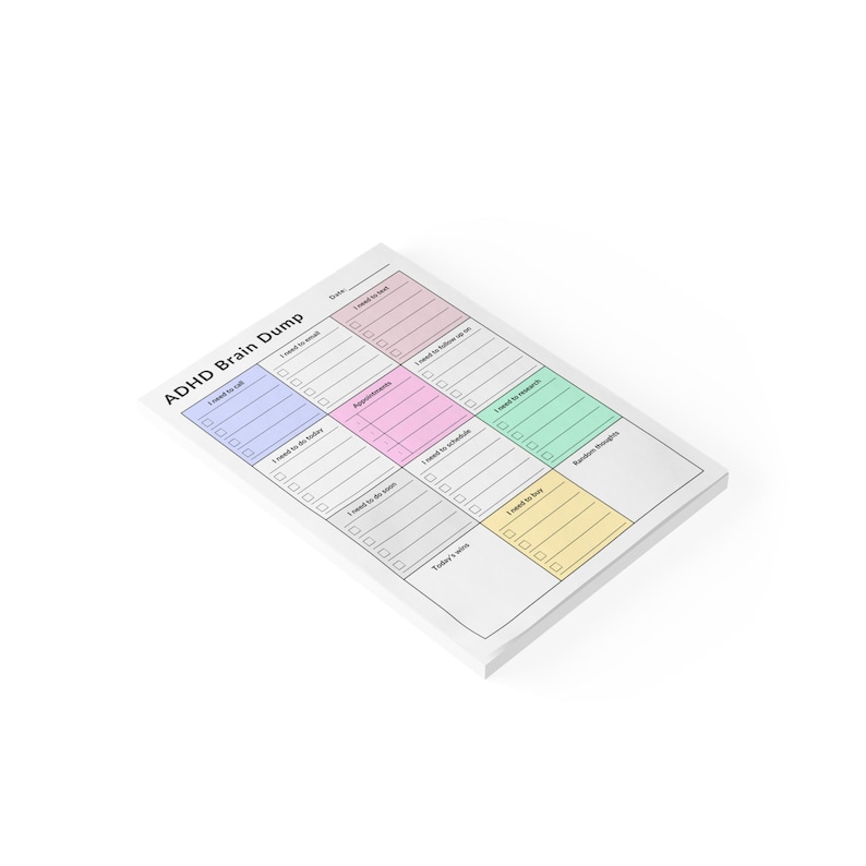 Post-it style ADHD daily checklist pad for adults, featuring shaded visual sections for easy orientation and stress-free planning.