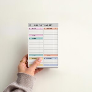 Compact budget planner sticky note pad with pastel-colored sections for monthly income, expenses, savings, and bills, tear-off 4x6 sheets on a desk with a clean, structured layout.