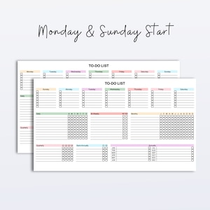 A digital to-do list spreadsheet designed for Google Sheets with sections for tasks across daily, weekly, monthly, and annual schedules, available for download. Title: Monday & Sunday Start.