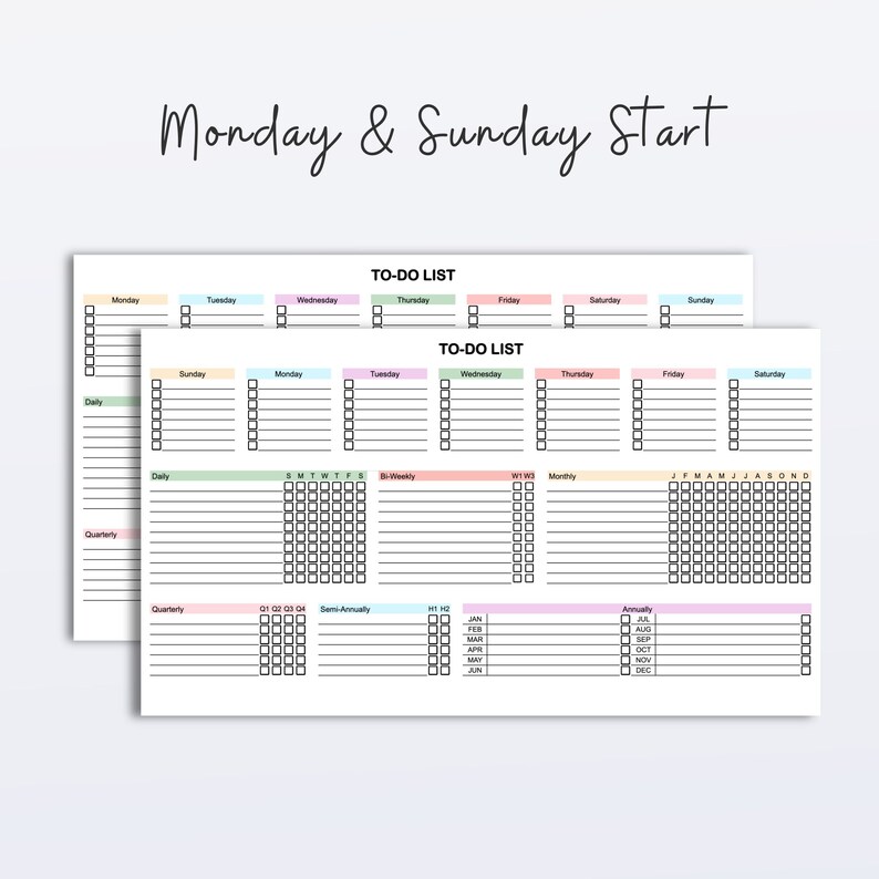 A digital to-do list spreadsheet designed for Google Sheets with sections for tasks across daily, weekly, monthly, and annual schedules, available for download. Title: Monday & Sunday Start.