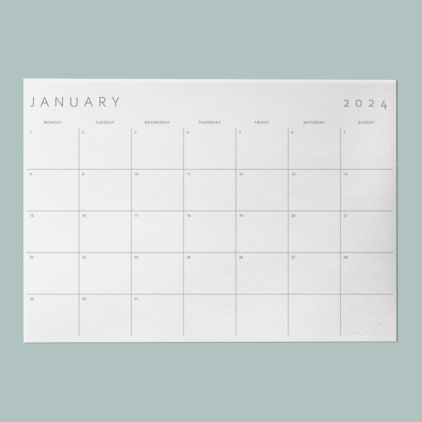 Druckbarer Kalender 2024 | Monatsplaner 2024 | A4, Letter, A3 | Landschaft | Montag & Sonntag Start | Minimalistisch | Herunterladen | Digitales PDF