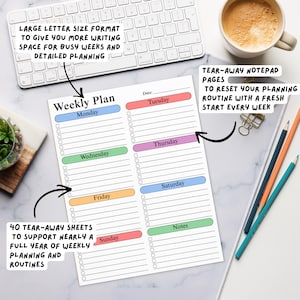 Minimalist weekly organizer desk pad with pastel checklist design displayed in aesthetic mockup setting, showing lined planning sections, notes category and large 8.5x11 paper notepad format.